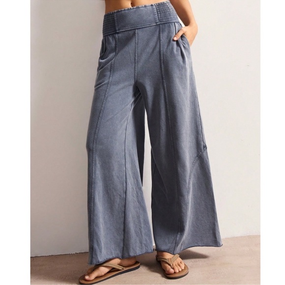 Vintage Wash Cotton Charcoal Stretchy Waist Wide Leg Pants S M L XL